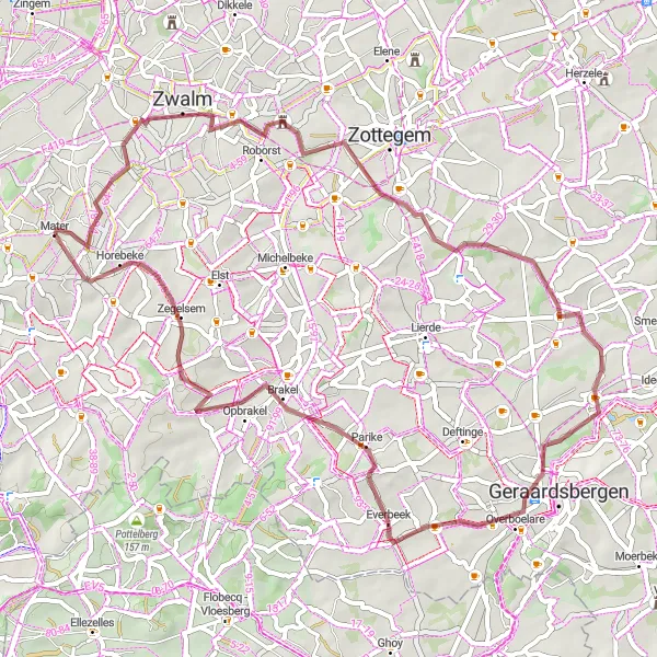 Map miniature of "The Gravel Adventure around Mater" cycling inspiration in Prov. Oost-Vlaanderen, Belgium. Generated by Tarmacs.app cycling route planner