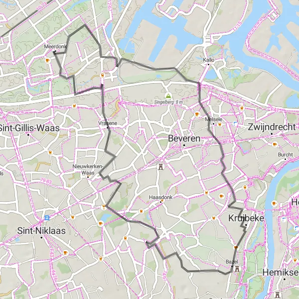 Map miniature of "Verrebroek and Kruibeke Exploration" cycling inspiration in Prov. Oost-Vlaanderen, Belgium. Generated by Tarmacs.app cycling route planner