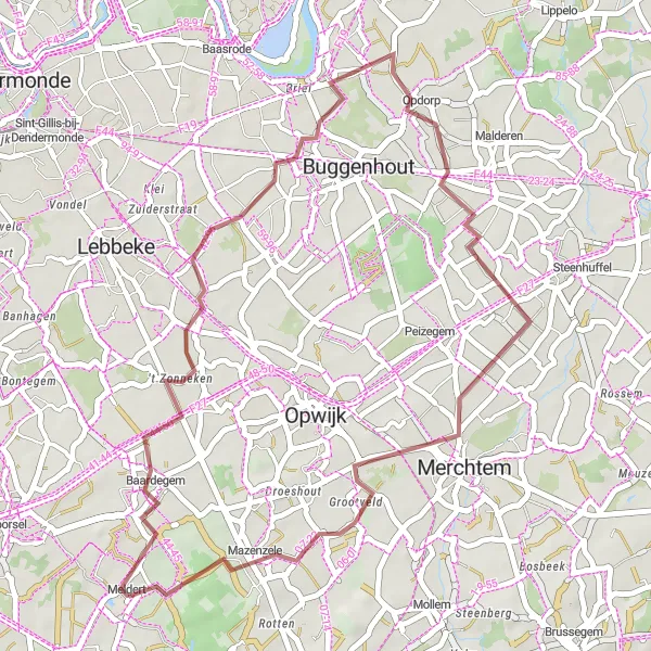 Map miniature of "Opdorp and Mazenzele Gravel Route" cycling inspiration in Prov. Oost-Vlaanderen, Belgium. Generated by Tarmacs.app cycling route planner