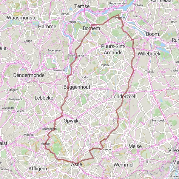 Miniatuurkaart van de fietsinspiratie "Gravelroute naar Asse en Putberg" in Prov. Oost-Vlaanderen, Belgium. Gemaakt door de Tarmacs.app fietsrouteplanner