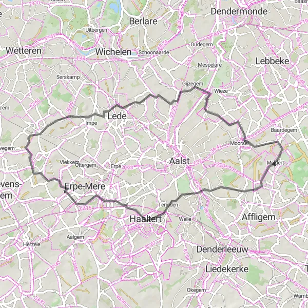 Karten-Miniaturansicht der Radinspiration "Roadtrip durch malerische Landschaft in der Nähe von Meldert" in Prov. Oost-Vlaanderen, Belgium. Erstellt vom Tarmacs.app-Routenplaner für Radtouren