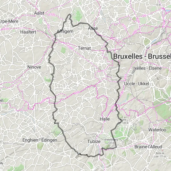 Miniatuurkaart van de fietsinspiratie "Meldert - 93 km. naar Oisquercq en terug" in Prov. Oost-Vlaanderen, Belgium. Gemaakt door de Tarmacs.app fietsrouteplanner