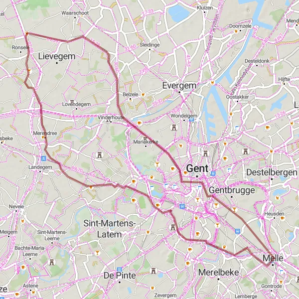 Miniatuurkaart van de fietsinspiratie "Rustige grindweg naar Zomergem" in Prov. Oost-Vlaanderen, Belgium. Gemaakt door de Tarmacs.app fietsrouteplanner