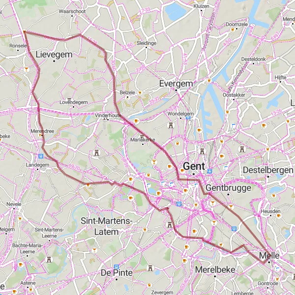 Map miniature of "The Gravel Escape" cycling inspiration in Prov. Oost-Vlaanderen, Belgium. Generated by Tarmacs.app cycling route planner