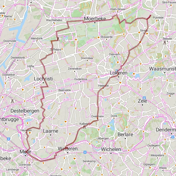 Map miniature of "Melle to Lochristi Round-Trip" cycling inspiration in Prov. Oost-Vlaanderen, Belgium. Generated by Tarmacs.app cycling route planner