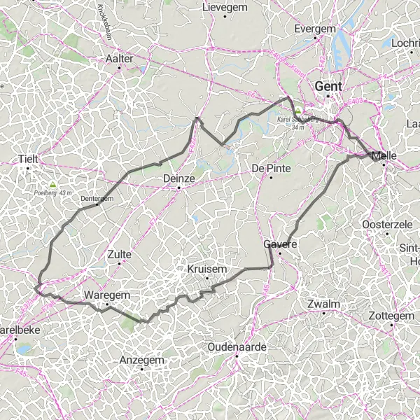 Map miniature of "Around Melle" cycling inspiration in Prov. Oost-Vlaanderen, Belgium. Generated by Tarmacs.app cycling route planner