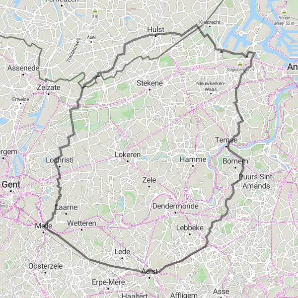 Map miniature of "Melle to Kwatrecht Epic" cycling inspiration in Prov. Oost-Vlaanderen, Belgium. Generated by Tarmacs.app cycling route planner