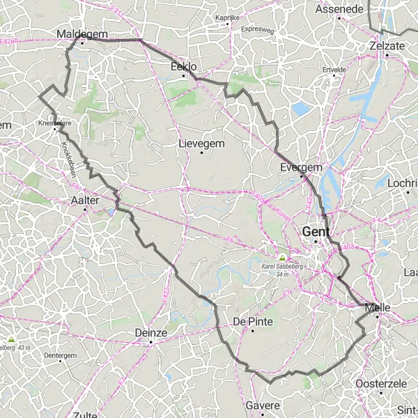 Miniatuurkaart van de fietsinspiratie "Kastelenroute van Melle" in Prov. Oost-Vlaanderen, Belgium. Gemaakt door de Tarmacs.app fietsrouteplanner