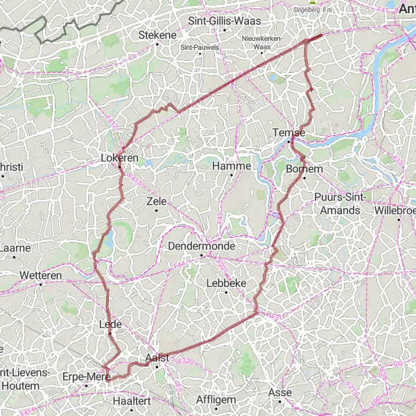 Map miniature of "Off-Road Adventure in Oost-Vlaanderen" cycling inspiration in Prov. Oost-Vlaanderen, Belgium. Generated by Tarmacs.app cycling route planner