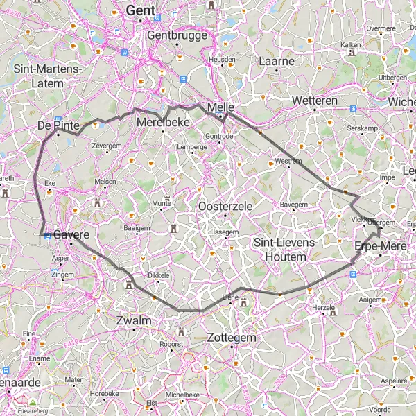 Miniatuurkaart van de fietsinspiratie "61km Ottergem naar Oordegem Fietstocht" in Prov. Oost-Vlaanderen, Belgium. Gemaakt door de Tarmacs.app fietsrouteplanner