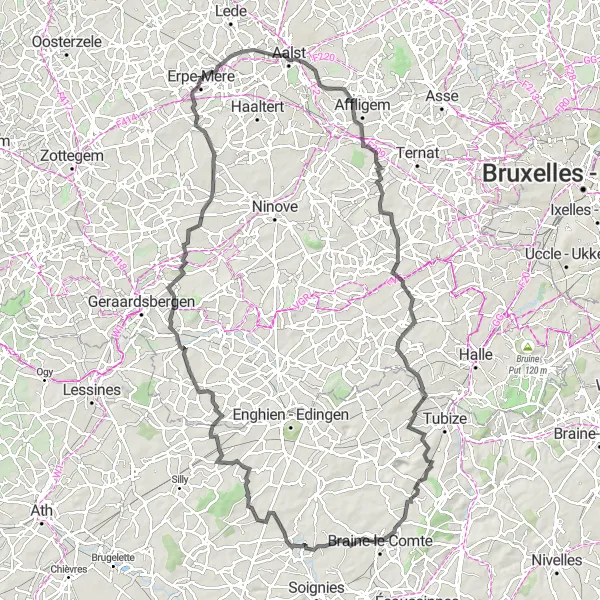 Miniature de la carte de l'inspiration cycliste "Le Circuit des Collines Pajottenland" dans la Prov. Oost-Vlaanderen, Belgium. Générée par le planificateur d'itinéraire cycliste Tarmacs.app