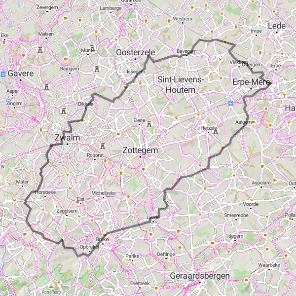 Map miniature of "Scenic Delights of Waterloo and Beyond" cycling inspiration in Prov. Oost-Vlaanderen, Belgium. Generated by Tarmacs.app cycling route planner