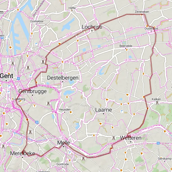 Karten-Miniaturansicht der Radinspiration "Landstraßen und Naturerlebnisse" in Prov. Oost-Vlaanderen, Belgium. Erstellt vom Tarmacs.app-Routenplaner für Radtouren