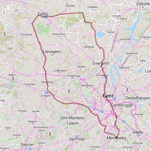 Miniatuurkaart van de fietsinspiratie "Rondrit Merelbeke - Maaltebruggekasteel - Kasteel Bergwyk" in Prov. Oost-Vlaanderen, Belgium. Gemaakt door de Tarmacs.app fietsrouteplanner