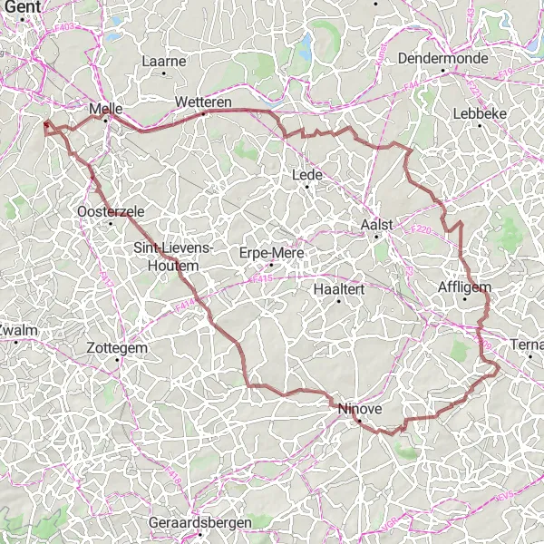 Map miniature of "Merelbeke - Melle - De Speelbos - Moorsel - Strijtem - Outer - Woubrechtegem - Lemberge" cycling inspiration in Prov. Oost-Vlaanderen, Belgium. Generated by Tarmacs.app cycling route planner