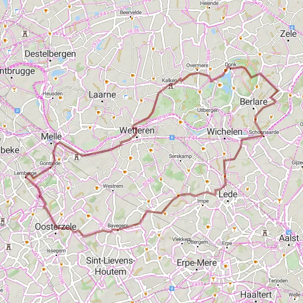 Map miniature of "Gravel Adventure through Gontrode and Bavegem" cycling inspiration in Prov. Oost-Vlaanderen, Belgium. Generated by Tarmacs.app cycling route planner