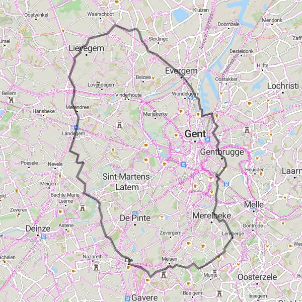 Karten-Miniaturansicht der Radinspiration "Road durch die grünen Felder" in Prov. Oost-Vlaanderen, Belgium. Erstellt vom Tarmacs.app-Routenplaner für Radtouren