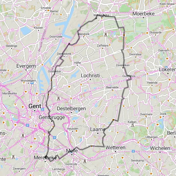 Map miniature of "Merelbeke - Sint-Amandsberg - Wachtebeke - Uitkijktoren - Zeveneken - Melle" cycling inspiration in Prov. Oost-Vlaanderen, Belgium. Generated by Tarmacs.app cycling route planner