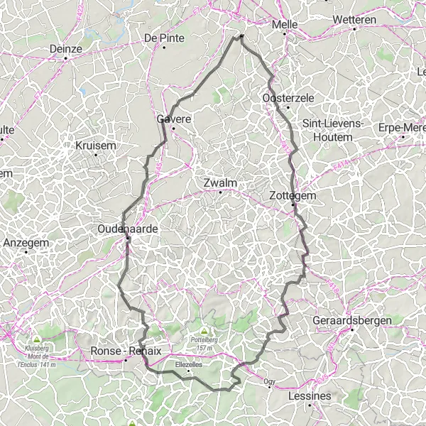 Miniature de la carte de l'inspiration cycliste "Boucle Route à travers les paysages flamands" dans la Prov. Oost-Vlaanderen, Belgium. Générée par le planificateur d'itinéraire cycliste Tarmacs.app