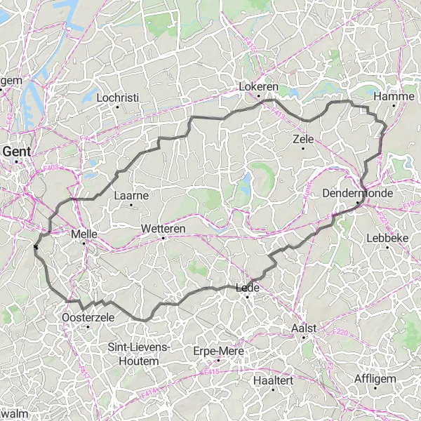 Map miniature of "Merelbeke - Heusden - Durmen - Oudegem - Bavegem - Moortsele" cycling inspiration in Prov. Oost-Vlaanderen, Belgium. Generated by Tarmacs.app cycling route planner