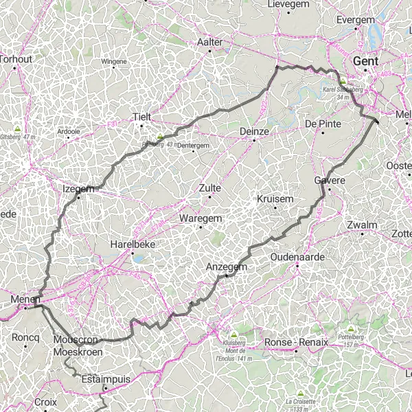 Miniatuurkaart van de fietsinspiratie "Fietsroute Merelbeke naar Kasteeldomein Blauwhuys" in Prov. Oost-Vlaanderen, Belgium. Gemaakt door de Tarmacs.app fietsrouteplanner