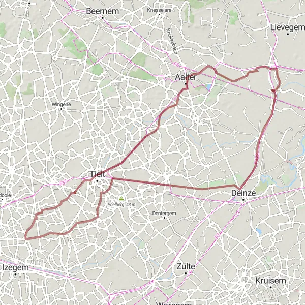 Miniatuurkaart van de fietsinspiratie "De Merendree-Tielt Fietsroute" in Prov. Oost-Vlaanderen, Belgium. Gemaakt door de Tarmacs.app fietsrouteplanner