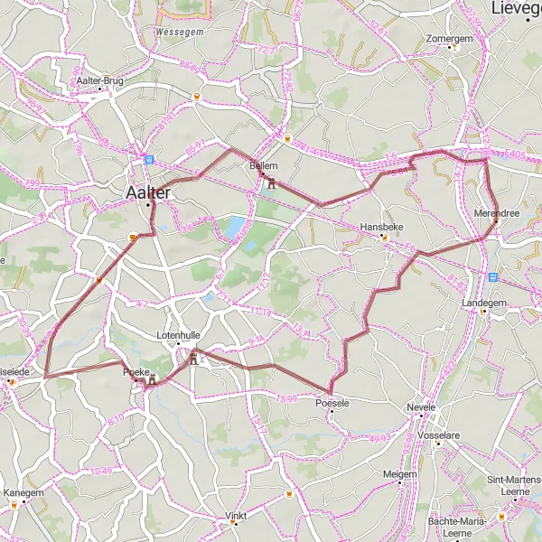 Map miniature of "Gravel Route from Merendree to Poeke" cycling inspiration in Prov. Oost-Vlaanderen, Belgium. Generated by Tarmacs.app cycling route planner