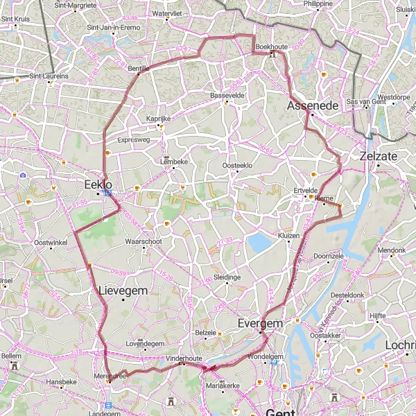 Map miniature of "Gravel Ride from Merendree to Rieme" cycling inspiration in Prov. Oost-Vlaanderen, Belgium. Generated by Tarmacs.app cycling route planner