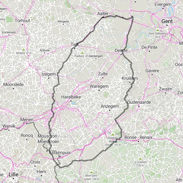 Karten-Miniaturansicht der Radinspiration "Herausfordernde Straßenrunde durch die flämische Landschaft" in Prov. Oost-Vlaanderen, Belgium. Erstellt vom Tarmacs.app-Routenplaner für Radtouren