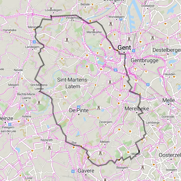 Miniatuurkaart van de fietsinspiratie "De Merendree-Sint-Martens-Leerne Wielerroute" in Prov. Oost-Vlaanderen, Belgium. Gemaakt door de Tarmacs.app fietsrouteplanner
