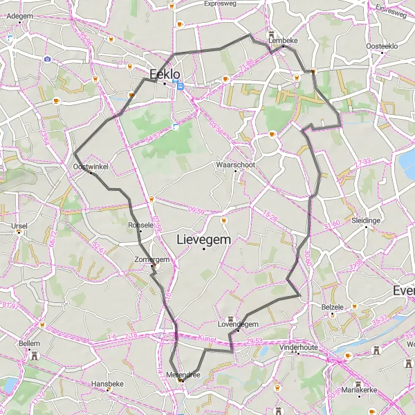 Miniature de la carte de l'inspiration cycliste "Exploration de Villages Flamands" dans la Prov. Oost-Vlaanderen, Belgium. Générée par le planificateur d'itinéraire cycliste Tarmacs.app