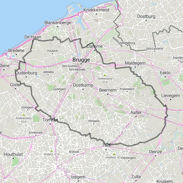 Miniature de la carte de l'inspiration cycliste "Aventure à travers la Campagne Flamande" dans la Prov. Oost-Vlaanderen, Belgium. Générée par le planificateur d'itinéraire cycliste Tarmacs.app