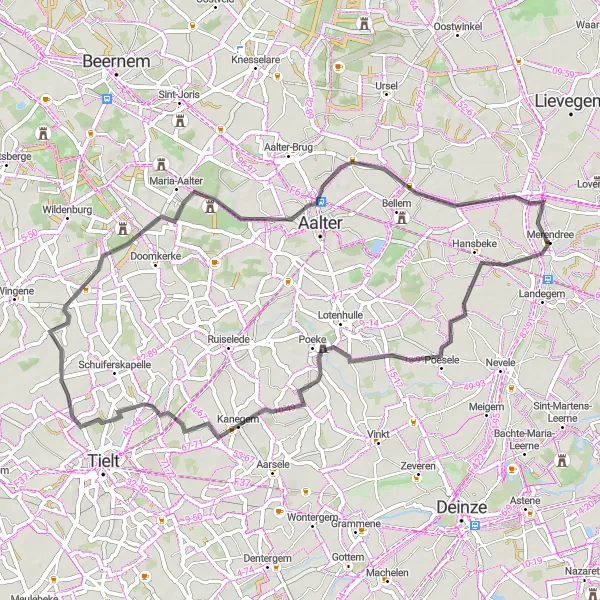Map miniature of "Merendree - Kasteel van Poeke - Kanegem - Kasteel Carpentier - Aalter - Merendree" cycling inspiration in Prov. Oost-Vlaanderen, Belgium. Generated by Tarmacs.app cycling route planner