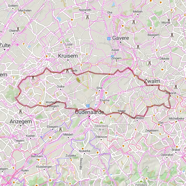 Map miniature of "Discover Idyllic Gravel Trails" cycling inspiration in Prov. Oost-Vlaanderen, Belgium. Generated by Tarmacs.app cycling route planner