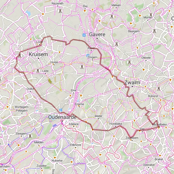 Miniature de la carte de l'inspiration cycliste "Le Parcours des Coteaux Gravel" dans la Prov. Oost-Vlaanderen, Belgium. Générée par le planificateur d'itinéraire cycliste Tarmacs.app