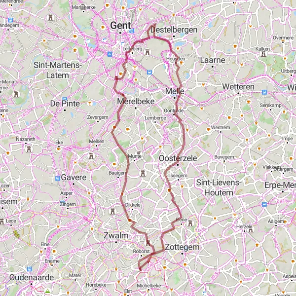 Miniatuurkaart van de fietsinspiratie "Verkenningstocht naar Schelderode en Velzeke-Ruddershove" in Prov. Oost-Vlaanderen, Belgium. Gemaakt door de Tarmacs.app fietsrouteplanner