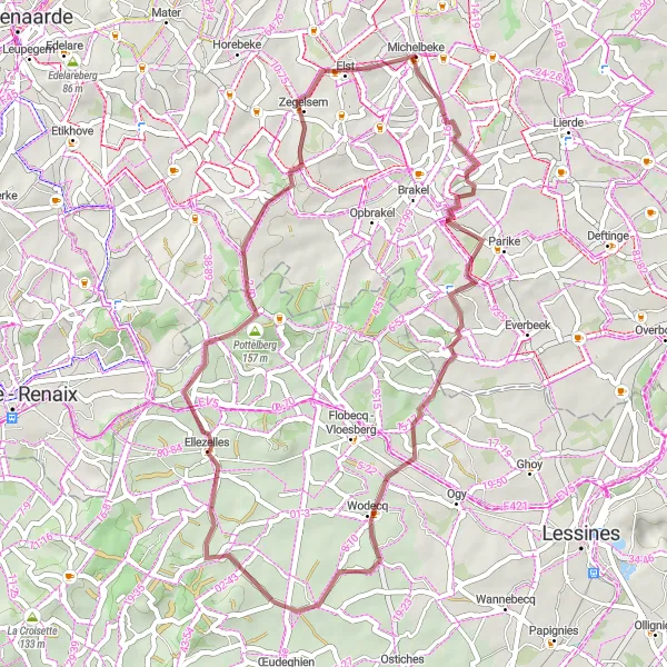 Map miniature of "The Gravel Ride of Michelbeke" cycling inspiration in Prov. Oost-Vlaanderen, Belgium. Generated by Tarmacs.app cycling route planner