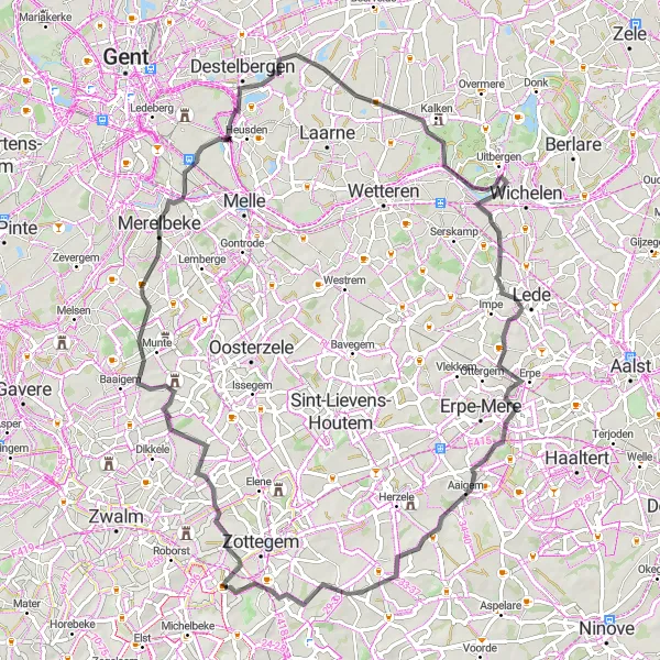 Map miniature of "Road Cycling Around Michelbeke" cycling inspiration in Prov. Oost-Vlaanderen, Belgium. Generated by Tarmacs.app cycling route planner