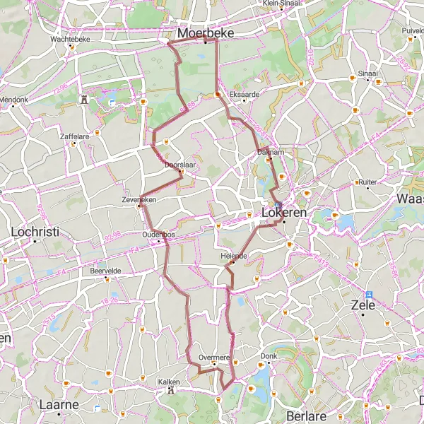 Miniatuurkaart van de fietsinspiratie "Gravel route rond Moerbeke" in Prov. Oost-Vlaanderen, Belgium. Gemaakt door de Tarmacs.app fietsrouteplanner