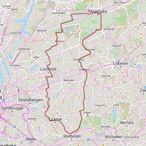 Miniatuurkaart van de fietsinspiratie "Gravelroute via Laarne en Lochristi" in Prov. Oost-Vlaanderen, Belgium. Gemaakt door de Tarmacs.app fietsrouteplanner