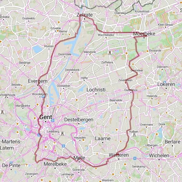 Map miniature of "Moerbeke Gravel Loop" cycling inspiration in Prov. Oost-Vlaanderen, Belgium. Generated by Tarmacs.app cycling route planner