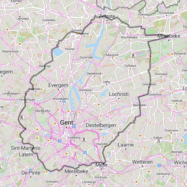 Map miniature of "Moerbeke-Rijssel Road Loop via Zeveneken" cycling inspiration in Prov. Oost-Vlaanderen, Belgium. Generated by Tarmacs.app cycling route planner