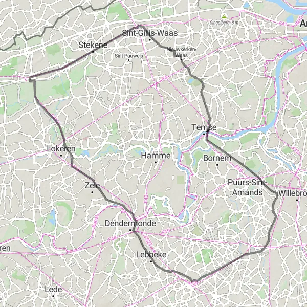 Miniatuurkaart van de fietsinspiratie "Wegroute via Nieuwkerken-Waas en Sint-Gillis-bij-Dendermonde" in Prov. Oost-Vlaanderen, Belgium. Gemaakt door de Tarmacs.app fietsrouteplanner
