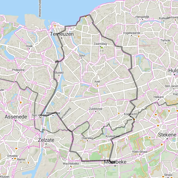 Miniatuurkaart van de fietsinspiratie "Wegroute via Waterkorenmolen en Koewacht" in Prov. Oost-Vlaanderen, Belgium. Gemaakt door de Tarmacs.app fietsrouteplanner