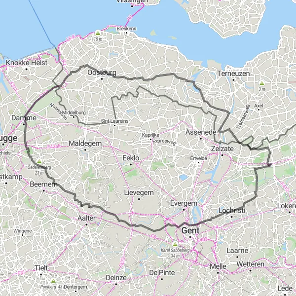 Map miniature of "Lochristi-Zandstraat Circuit" cycling inspiration in Prov. Oost-Vlaanderen, Belgium. Generated by Tarmacs.app cycling route planner