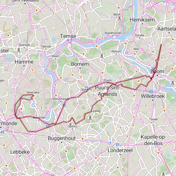 Map miniature of "Morzeke Gravel Loop" cycling inspiration in Prov. Oost-Vlaanderen, Belgium. Generated by Tarmacs.app cycling route planner