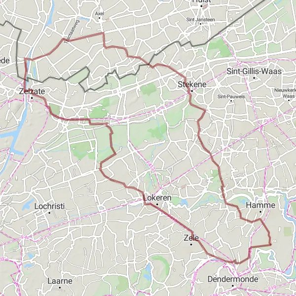 Miniatuurkaart van de fietsinspiratie "Gravelroute langs Mont Henri en Waasmunster" in Prov. Oost-Vlaanderen, Belgium. Gemaakt door de Tarmacs.app fietsrouteplanner