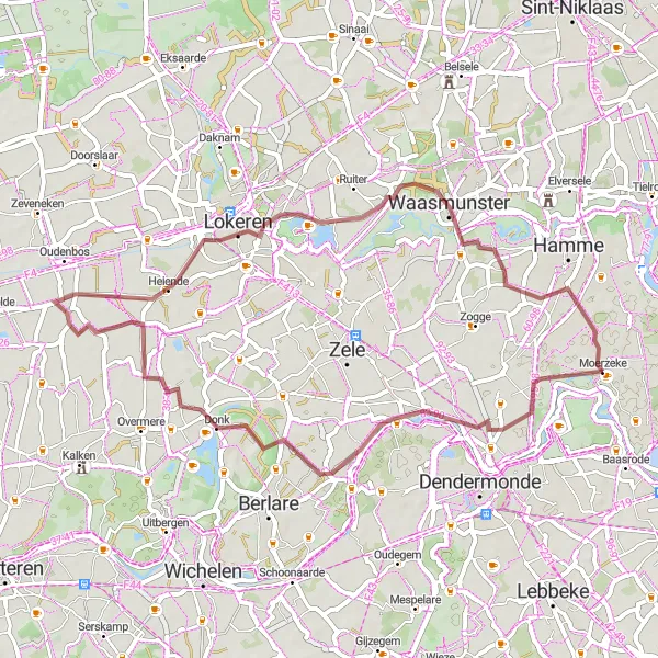 Miniatuurkaart van de fietsinspiratie "Gravelavontuur rond Moerzeke en omgeving" in Prov. Oost-Vlaanderen, Belgium. Gemaakt door de Tarmacs.app fietsrouteplanner
