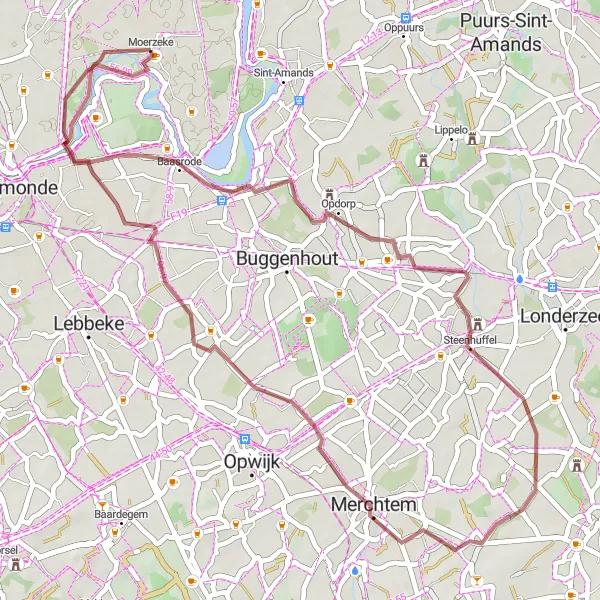 Map miniature of "Gravel Journey around Moerzeke" cycling inspiration in Prov. Oost-Vlaanderen, Belgium. Generated by Tarmacs.app cycling route planner