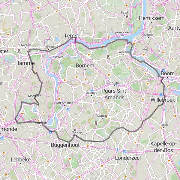 Miniature de la carte de l'inspiration cycliste "Le voyage routier de Moerzeke à Temse" dans la Prov. Oost-Vlaanderen, Belgium. Générée par le planificateur d'itinéraire cycliste Tarmacs.app